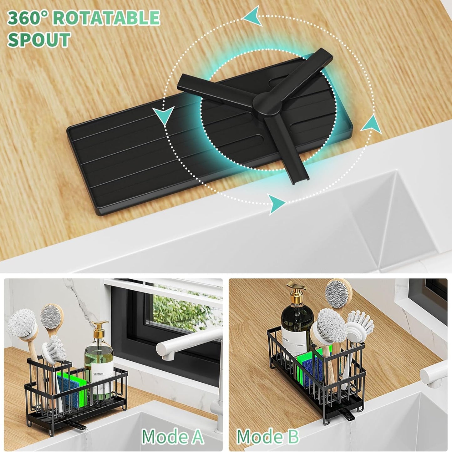 Kitchen Sink Caddy Organizer (Self-Draining, Rotatable Spout)